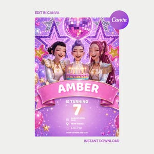 Pode incluir: Um modelo de convite de aniversário digital com três personagens animados, uma bola de discoteca e estrelas num fundo roxo. O texto inclui AMBER IS TURNING 7, AUGUST 29TH, 2025, FARM HOUSE, 4 PM - 7 PM e RSVP TO MOM: 555-1234.