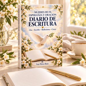 Op de afbeelding: Een hardcover boek getiteld Mujeres de Fe, Esperanza y Oración Diario de Escritura, met een witte duif, een open boek en witte bloemen op de kaft. De tekst bevat Ora, Escribe, Reflexiona, Crece en de auteur Luz Pérez-Ruiz.