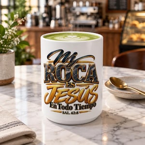 Könnte beinhalten: Ein weißer Keramikbecher gefüllt mit grünem Matcha-Latte mit einem herzförmigen Schaummuster. Die Vorderseite zeigt den Text Mi ROCA ES JESÚS En Todo Tiempo SAL. 62:8 in einer stilisierten, blau, schwarz und goldfarbenen Schrift.