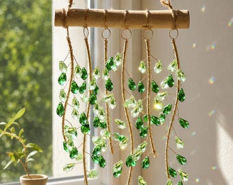 Carillon éolien attrape-soleil en cristal à feuilles vertes, décoration bohème à suspendre à une fenêtre, cadeau prisme arc-en-ciel