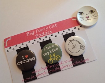 Trio of bike and cycling badges, 37mms wide.