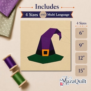 May include: A paper pattern for a witch hat quilt block featuring a purple hat with a black band and orange buckle. Text includes Includes 4 Sizes AND Multi Language and 6, 9, 12, 15 cm. Two wooden spools of purple and green thread are visible.