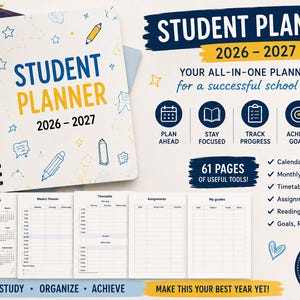 Peut inclure: Un agenda étudiant à spirales pour 2026-2027 avec une couverture blanche ornée d'icônes scolaires bleues et jaunes. L'ensemble comprend des mises en page intérieures pour les calendriers, emplois du temps, devoirs et notes, avec des icônes.