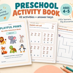 Peut inclure: Un livre d'activités préscolaires intitulé Playful Paws My Little Adventure Book pour les 4-5 ans avec 50 pages et 42 activités. La couverture montre un lion, un éléphant, un lapin, un renard, une tortue et un pingouin. Pages avec exercices.