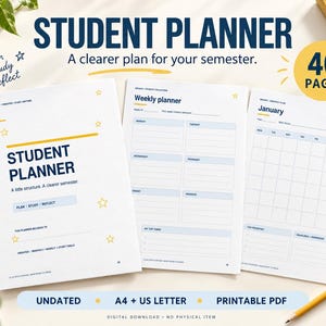 Peut inclure: Un agenda étudiant de 40 pages avec une couverture blanche, le texte bleu foncé STUDENT PLANNER et des étoiles jaunes. Les pages intérieures présentent une mise en page hebdomadaire et un calendrier mensuel pour janvier, dans un format épuré.