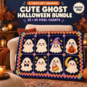 May include: A digital PDF crochet pattern bundle featuring 8 ghost-themed pixel charts. The main image displays a dark blue crocheted blanket with 8 squares, each showing a white ghost with pink cheeks, including variations with a witch hat, pumpkin, candy corn, and crescent moon.