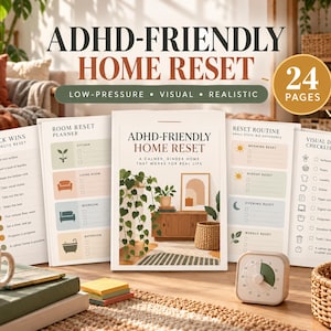 Peut inclure: Un ensemble de 24 pages de planification ADHD-Friendly Home Reset comprenant une couverture centrale avec une illustration de plante, entourée de pages intérieures incluant une liste Quick Wins, un planificateur, une routine et une liste de contrôle.
