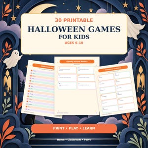 Peut inclure: Un ensemble de 30 jeux d'Halloween imprimables pour enfants de 6 à 10 ans, comprenant trois feuilles de jeux intitulées Halloween Bingo, Spooky Picture Riddles et Halloween Charades, sur un fond bleu foncé avec des fantômes en papier découpé.
