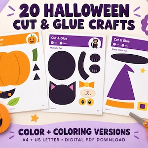 Peut inclure: Un ensemble de 20 fiches d'activités de découpage et collage sur le thème d'Halloween, incluant une citrouille, un chat noir et un chapeau de sorcière. Les pages présentent des formes en papier coloré à découper. Ciseaux orange et colle inclus.