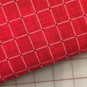 May include: Close-up of red fabric featuring a white grid pattern with small navy blue accents at the intersections. The fabric has a textured appearance, possibly woven. The grid is evenly spaced, creating a structured design.