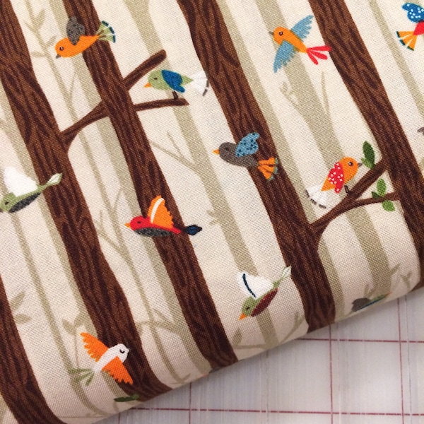 HALF YARD cut of Bear Camp - Birds on Branches in Khaki by Whistler Studios for Windham Fabrics