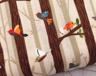 Half yard cut of Bear Camp - Birds on Branches in Khaki - Continuous yardage available, sold by half yard