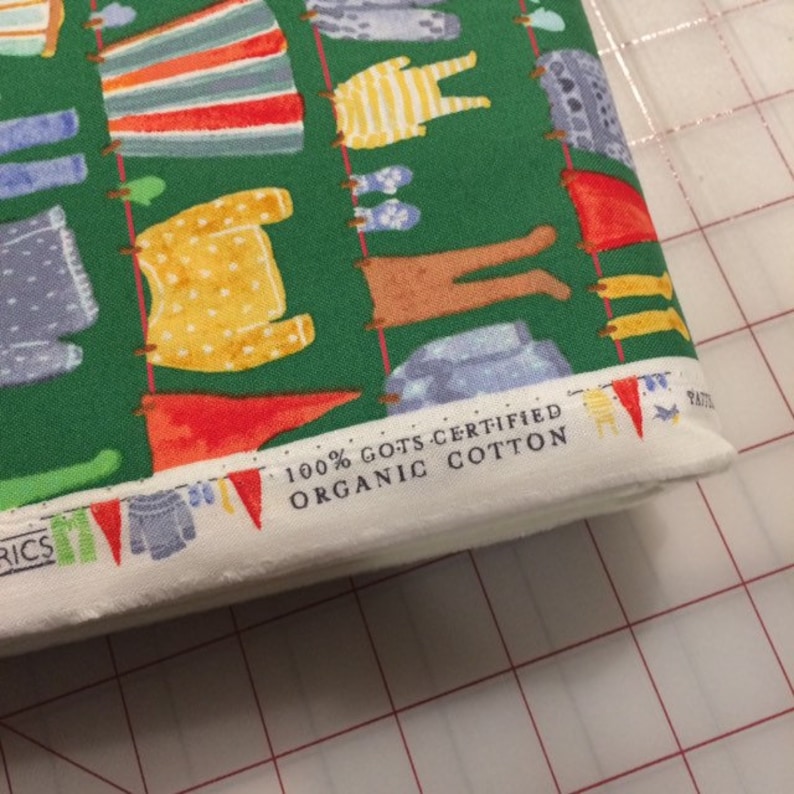 Gnome Laundry in Green by Striped Pear Studio for Windham Fabrics HALF YARD cut of Winter Gnomes in Organic Cotton