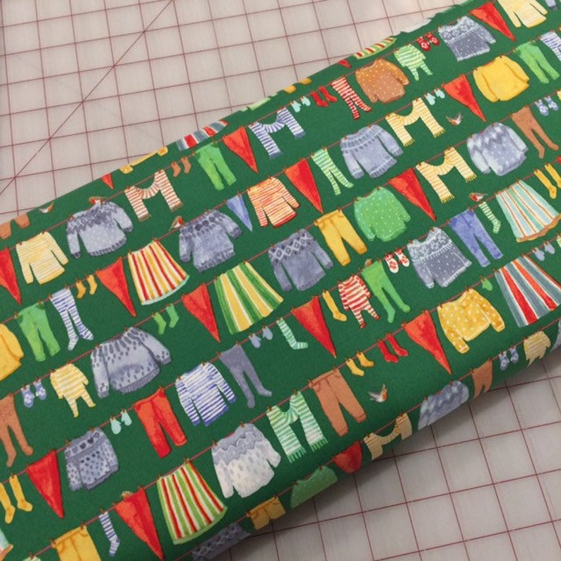 Gnome Laundry in Green by Striped Pear Studio for Windham Fabrics HALF YARD cut of Winter Gnomes in Organic Cotton