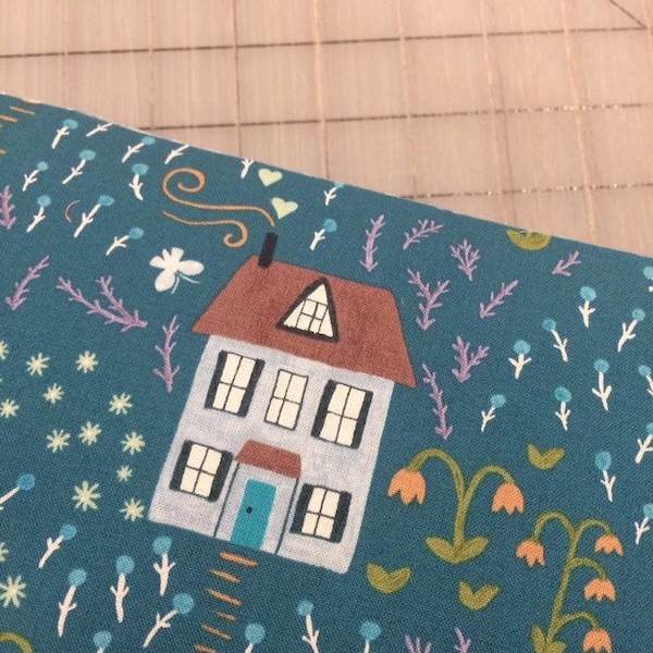 Bungalow - Little House in Teal - Continuous yardage available, sold by half yard