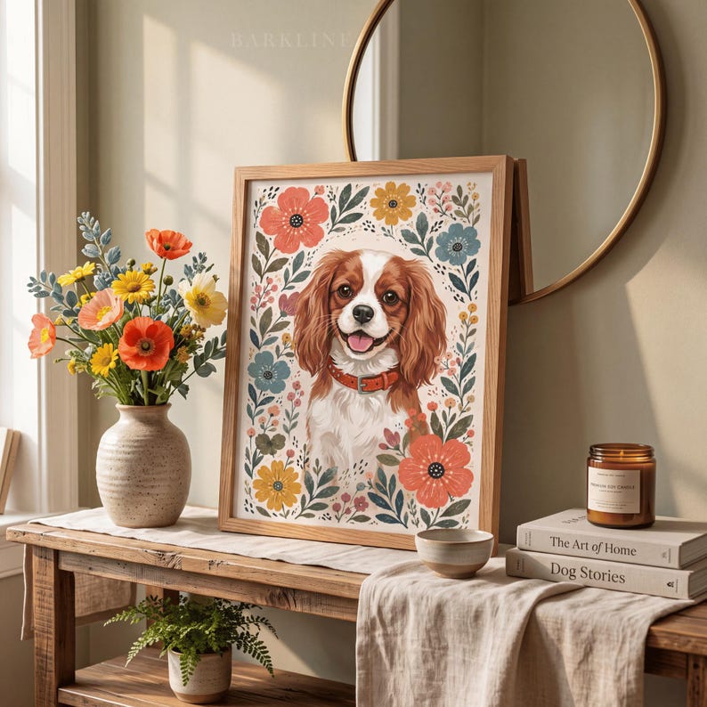 Pode incluir: Uma impress&atilde;o emoldurada apresentando um Cavalier King Charles Spaniel castanho e branco com uma coleira laranja, rodeado por um padr&atilde;o floral colorido de flores vermelhas, amarelas e azuis e folhas verdes, sobre uma mesa de madeira.