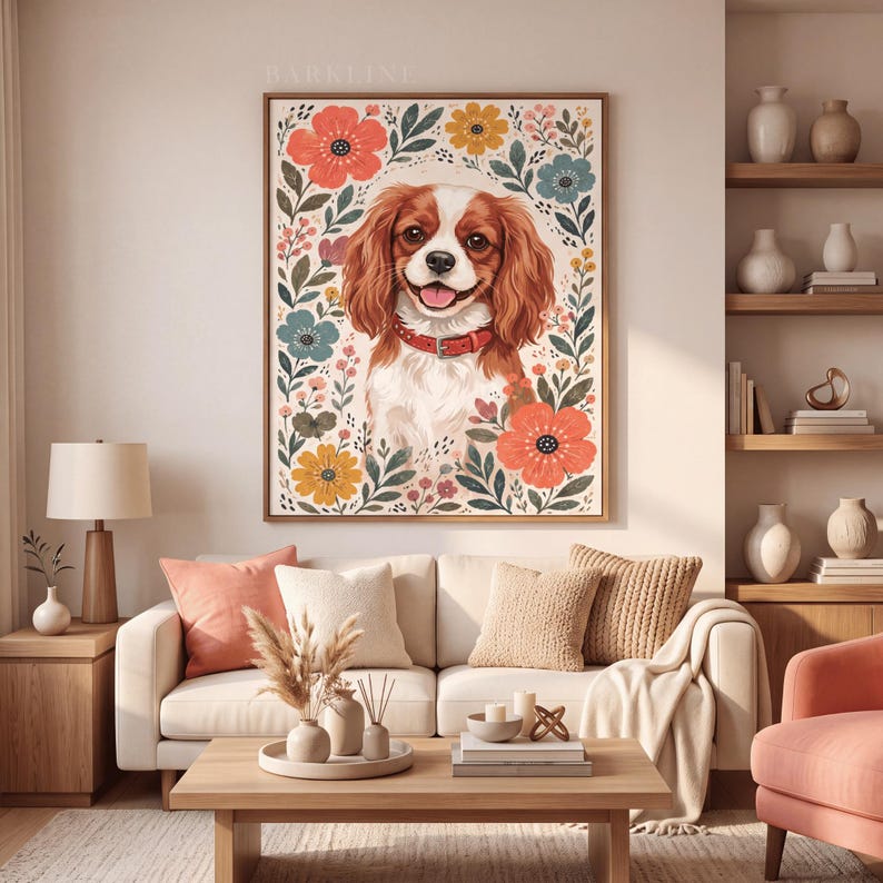 Pode incluir: Uma impress&atilde;o de arte de parede retangular apresentando um Cavalier King Charles Spaniel marrom e branco usando uma coleira vermelha, cercado por um padr&atilde;o floral colorido de flores vermelhas, amarelas e azuis com folhas verdes e o texto BARKLINE no topo.