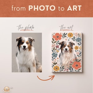 Pode incluir: Uma compara&ccedil;&atilde;o lado a lado mostrando uma fotografia de um c&atilde;o pastor australiano tricolor &agrave; esquerda e um retrato art&iacute;stico digital do mesmo c&atilde;o rodeado por ilustra&ccedil;&otilde;es florais coloridas &agrave; direita, com o texto from PHOTO to ART.