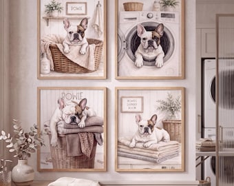 Pode incluir: Um conjunto de quatro quadros de parede com um bulldog francês num lavandaria. As imagens mostram o cão sentado num cesto de vime, a espreitar de uma máquina de lavar, a dormir numa pilha de toalhas e a descansar sobre roupa.