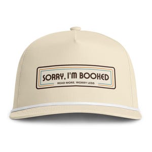 Sorry I'm Booked embroidered patch Cap | reading motif, neutral rope trim