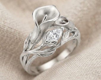 Calla Lily Ring Silver Floral Ring Clear Stone Botanical Jewelry Nature Inspired Statement Ring Romantic Gift