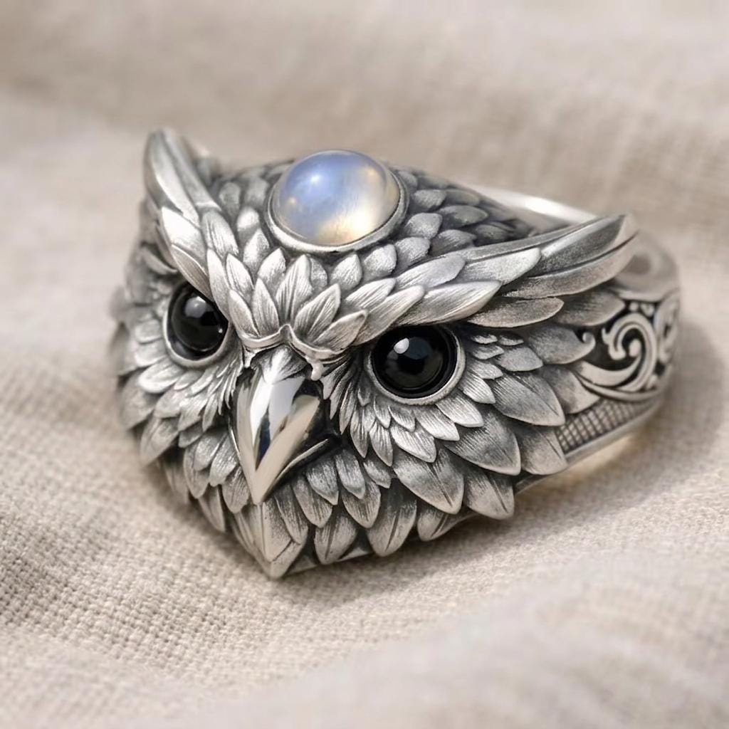 Owl Ring Silver Owl Head Ring Blue Stone Animal Jewelry Gothic Fantasy Statement Ring Wisdom Symbol 