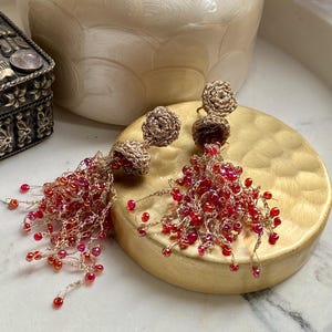 Handmade Tilla Thread Earrings, Red Turquoise Beads, South Asian Wedding Jewelry