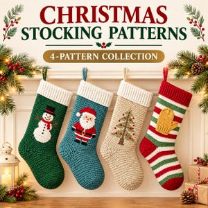 Puede incluir: Cuatro calcetines de Navidad de ganchillo con puño blanco. El primero es verde con un muñeco de nieve, el segundo es azul verdoso con Santa Claus, el tercero es beige con un árbol de Navidad y el cuarto tiene rayas rojas, blancas y verdes.