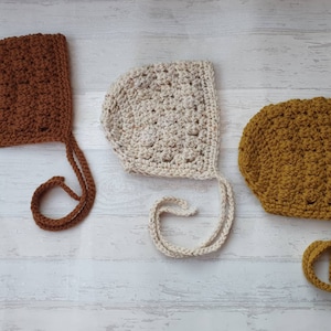 crochet baby bonnet, mustard crochet bonnet, brown baby bonnet, cream bonnet, newborn, 0-3 month