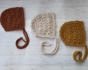 crochet baby bonnet, mustard crochet bonnet, brown baby bonnet, cream bonnet, newborn, 0-3 month