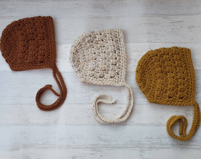 crochet baby bonnet, mustard crochet bonnet, brown baby bonnet, cream bonnet, newborn, 0-3 month, 3-6 month, 6-12 month