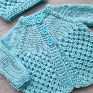 hand knit baby sweater, turquoise baby hat, turquoise knitted cardigan, newborn clothing image 9