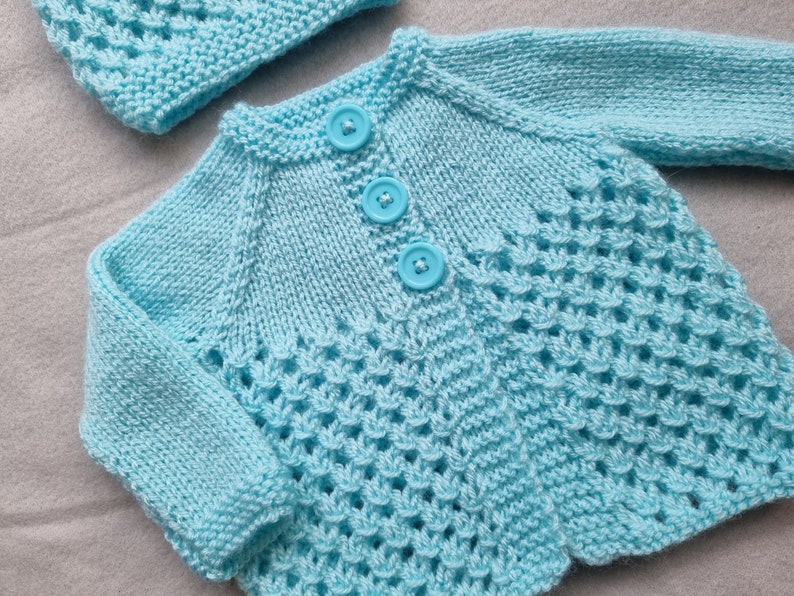 hand knit baby sweater, turquoise baby hat, turquoise knitted cardigan, newborn clothing image 9