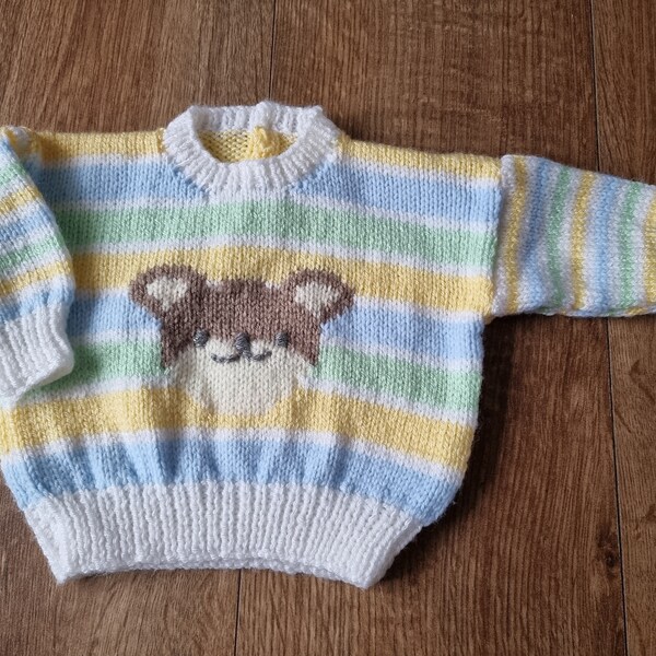 hand knit baby sweater, knitted baby jumper, striped sweater, 0-3 month clothing