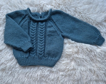 hand knitted baby jumper, teal knitted sweater, baby clothing, 0-3 month clothing