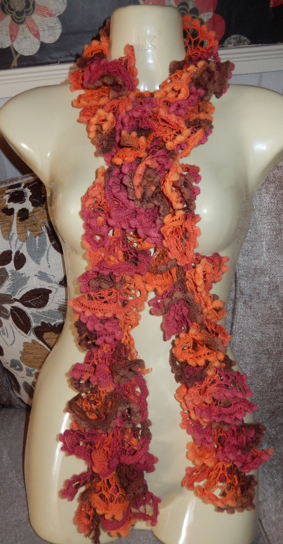 Foulard Femme Tricoté Main Orange Vif Avec Volants - Style Décontracté, En Acrylique, Neuf Sans Étiquette