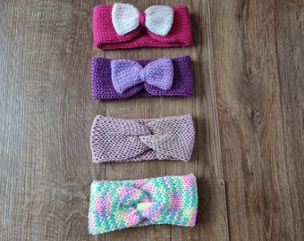 Handknit baby headband, knitted baby earwarmer, headband with bow, 0-3 month, 3-6 month