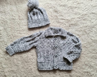 hand knit baby sweater, black & white cardigan, knitted baby hat, handknit baby cap, 3-6 month clothing