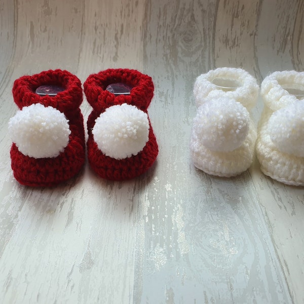 white pom pom booties, crochet baby booties, red baby shoes