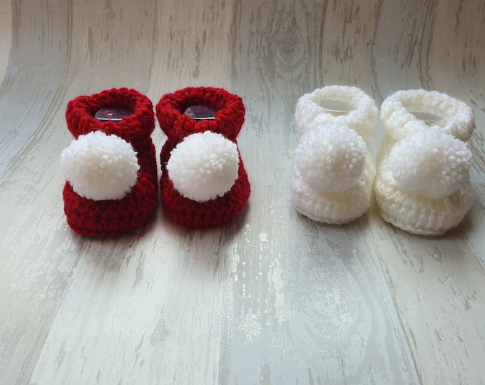 white pom pom booties, crochet baby booties, red baby shoes