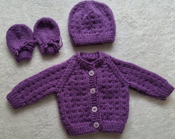 hand knit baby sweater, purple baby hat & mittens, knitted baby cardigan, knitted baby cap, newborn clothing