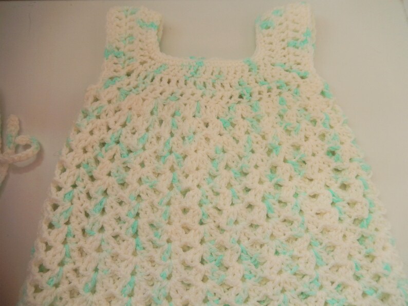 crocheted baby dress dress with matching headband white /& green dress newborn