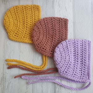 crochet baby bonnet, lilac crochet bonnet, mustard baby bonnet, brown bonnet, newborn, 0-3 month