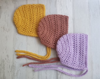 crochet baby bonnet, lilac crochet bonnet, mustard baby bonnet, brown bonnet, newborn, 0-3 month