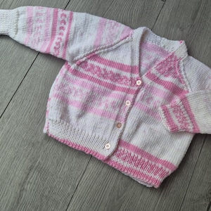 Handknit Baby Cardigan: Pink & White Knit Sweater, 12-18 Months