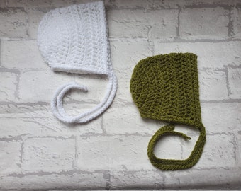 crochet baby bonnet, white crochet bonnet, green baby bonnet, newborn