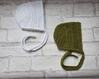 crochet baby bonnet, white crochet bonnet, green baby bonnet, newborn, 0-3 month