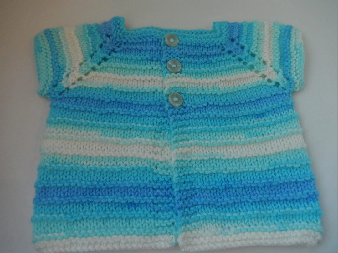Hand Knitted Baby Cardigan, Baby Boy Sweater, Blue and White Baby