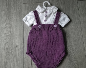 Handknit baby romper, purple infant romper, knitted outfit, white knit top, 0-3 month clothing