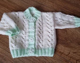 White baby cardigan, knitted sweater,  handknit baby sweater, white & green cardie, newborn clothing